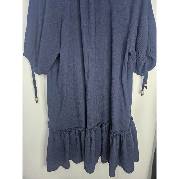 MILLIBON USA Dress Womens Large Tiered Navy Shirtdress Boho Cottagecore - Picture 5 of 7